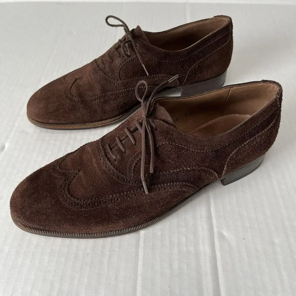 Bally Mens Sz 9.5 Brown Suede Wingtip Oxford Derby Brogue Shoes Made in Italy